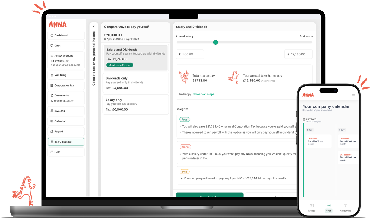 Auto Accountant on laptop and mobile showing tax calculator and business calendar