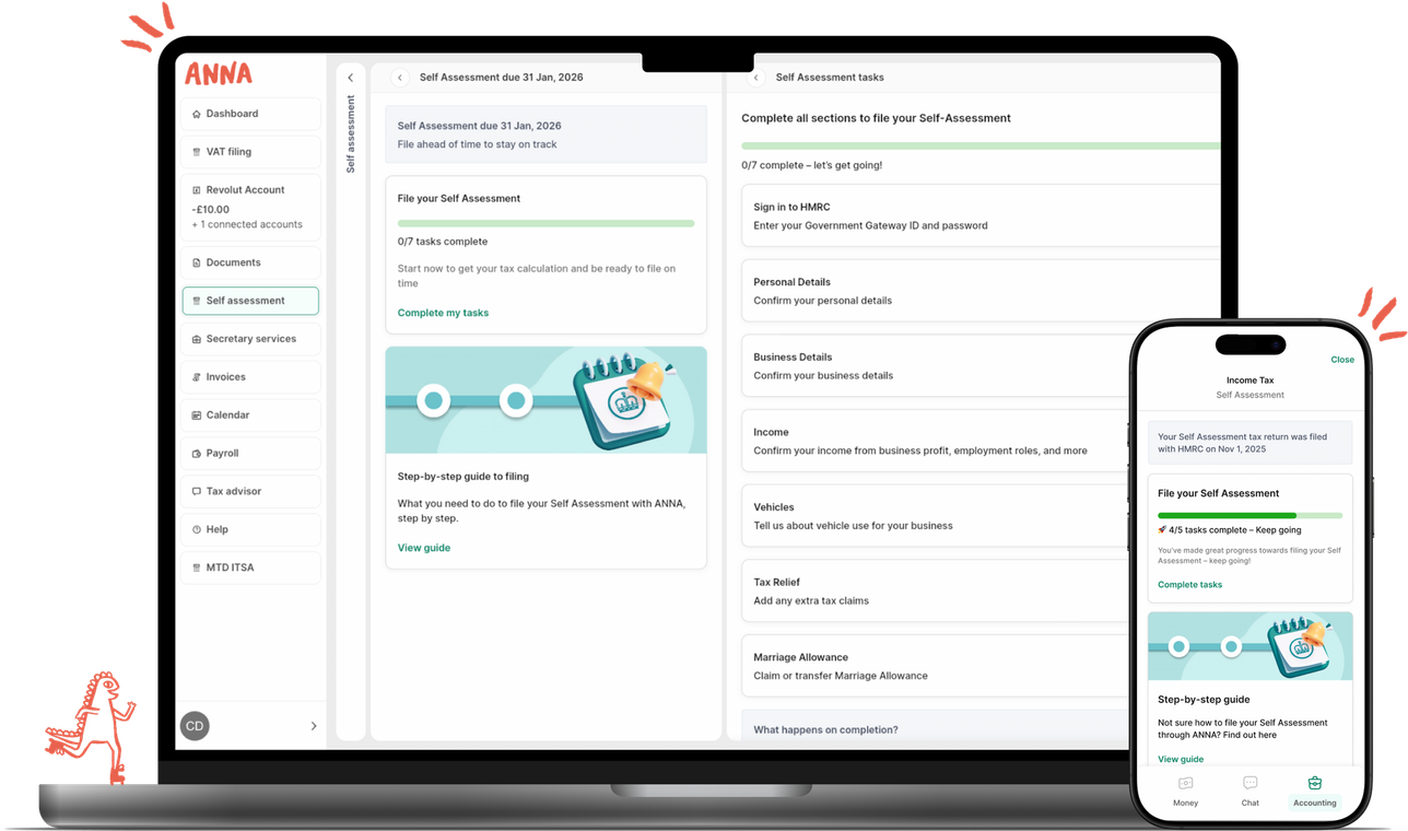 Auto Accountant on laptop and mobile showing tax calculator and business calendar