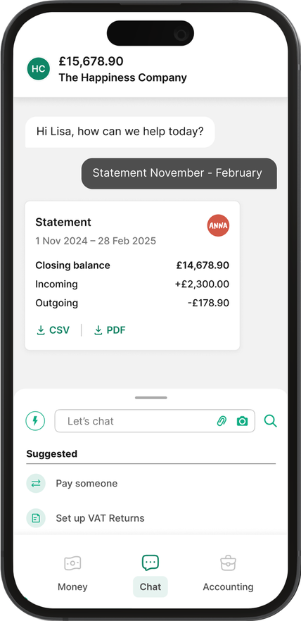 ANNA mobile app showing transaction statement with categorised business expenses