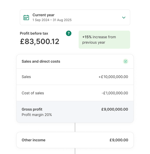 Detailed profit and loss report displaying gross profit, margins, and expense category breakdowns