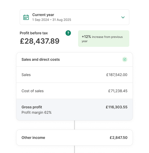 Detailed profit and loss report displaying gross profit, margins, and expense category breakdowns