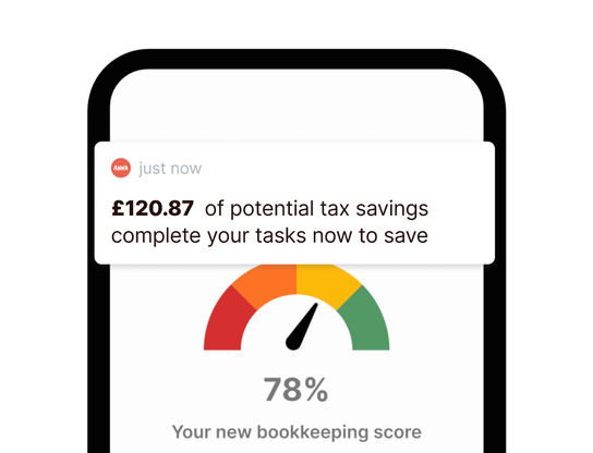 Bookkeeping Score dashboard showing tax efficiency rating and categorisation tasks to complete