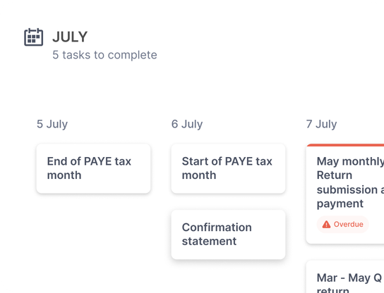 Tax calendar showing upcoming HMRC deadlines for VAT, corporation tax, and PAYE submissions