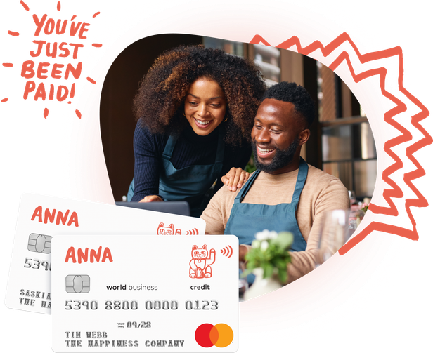 ANNA business account mobile app showing dashboard with account balance and transaction history