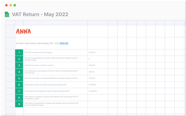 MTD VAT templates for Google Spreadsheets | ANNA