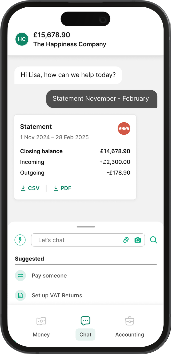 ANNA business account features showing cash flow management interface with spending categories and financial insights