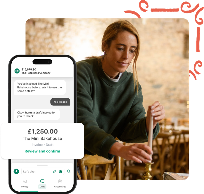 Smartphone displaying an ANNA app showing a £1,250 draft invoice for The Mini Bakehouse with chat interface and review options.